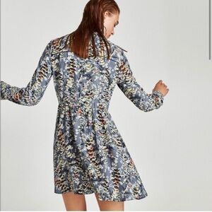 Zara Basic High Neck Fit & Flair Floral Mini Dress Gray Blue S